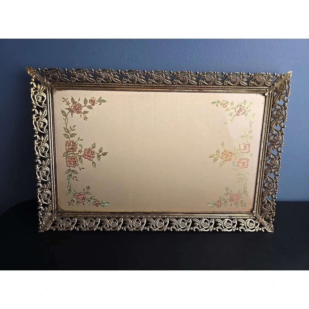 VTG Hollywood Regency Gold Tone Glass Rectangle Vanity Tray Filigree 14.5 x 9.5